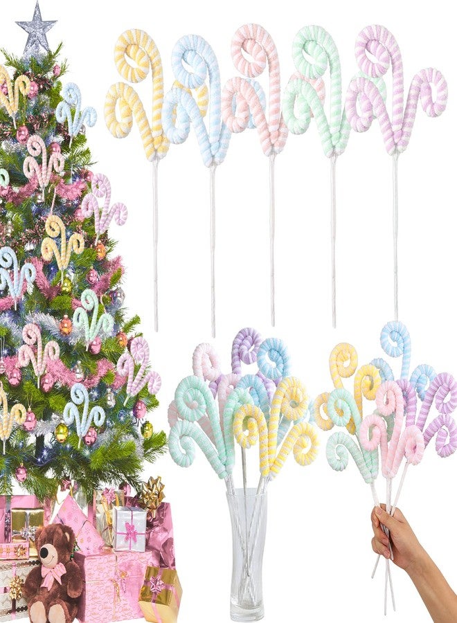 Tesochye 5pcs Set Macaron Color Christmas Decorations Picks, Pastel Woolen Candy Cane Christmas Tree Curly Picks, Christmas Tree Topper Decorations Home Vase Holiday Party Ornaments - Image 1